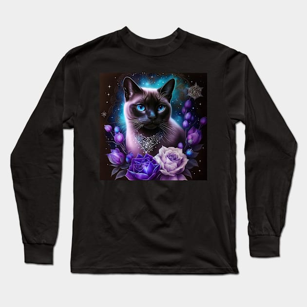 Galactic Floral Burmese Cat Long Sleeve T-Shirt by Enchanted Reverie